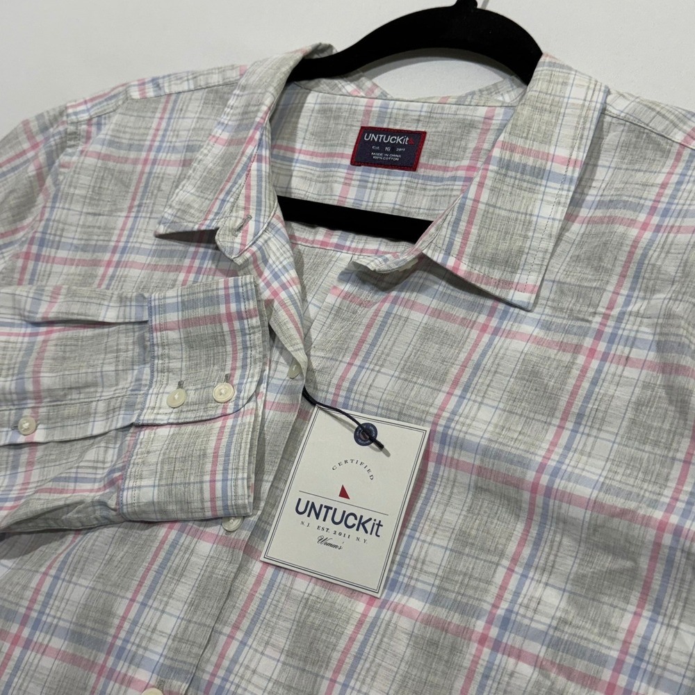 Untuckit Chasseles Shirt 16‎ NWT Gray Pink Plaid Cotton Preppy Classic